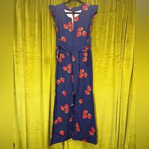 Vintage 1970s Handmade Blue Ruffled Flare Jumpsuit with Apple Print. Size XS/S.